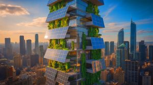 Illustration of a revolutionary building absorbing CO2 emissions, generated by artificial intelligence.