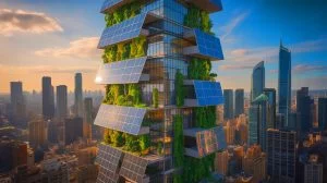 Illustration of a revolutionary building absorbing CO2 emissions, generated by artificial intelligence.