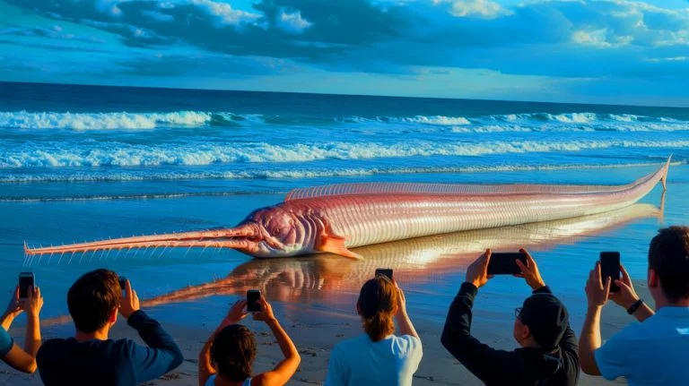 Illustration of oarfish washing ashore, known as the "fish of the apocalypse," generated by artificial intelligence.