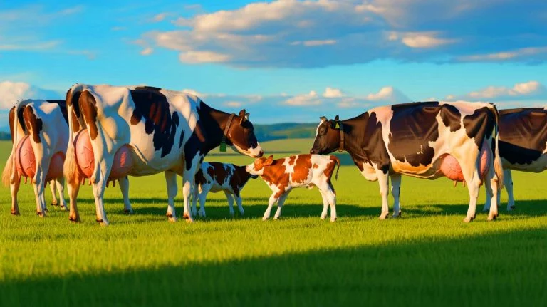 Illustration of calves nursing from dairy cows, highlighting the transmission of the H5N1 bird flu virus, created by artificial intelligence.