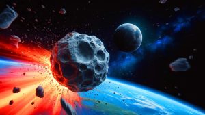 Illustration of an asteroid on a collision course with the Moon in 2032, generated by artificial intelligence.
