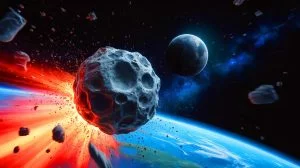 Illustration of an asteroid on a collision course with the Moon in 2032, generated by artificial intelligence.