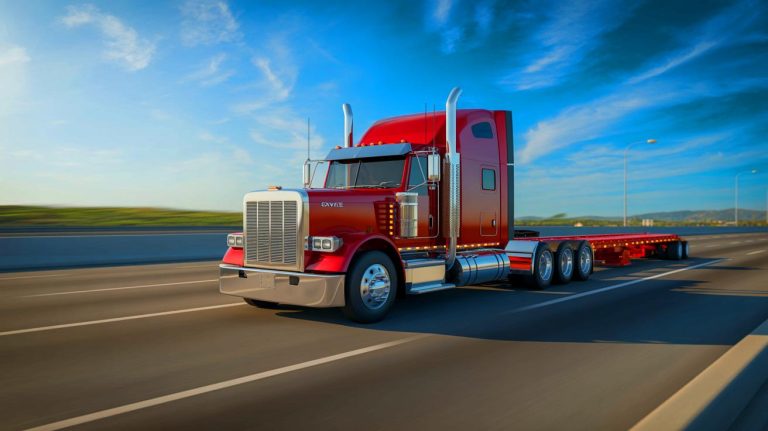 Illustration of an innovative electric dolly seamlessly integrated into a diesel semi-truck, created by artificial intelligence.