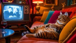 Illustration of Creme Puff, the world's oldest cat, enjoying a unique lifestyle. Image generated by AI.