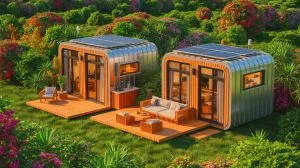 Illustration of the Birdhouse Modular tiny house design, highlighting its flexible and eco-friendly features, generated by artificial intelligence.