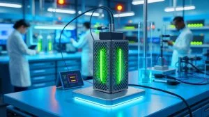 Illustration of a 3D-printed steel bacteria battery achieving record-breaking energy output, generated by artificial intelligence.