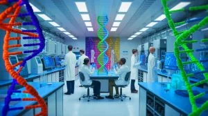 Illustration of the SynHG project envisioning the synthesis of a complete human genome, created by artificial intelligence.