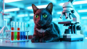 Illustration of Pepper the black cat contributing to the discovery of a new human-infecting virus, generated by artificial intelligence.