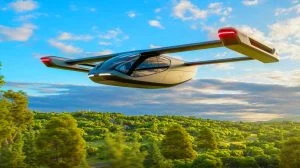 Illustration of the Streetwing flying car designed by Dezső Molnár for sustainable transportation, generated by artificial intelligence.