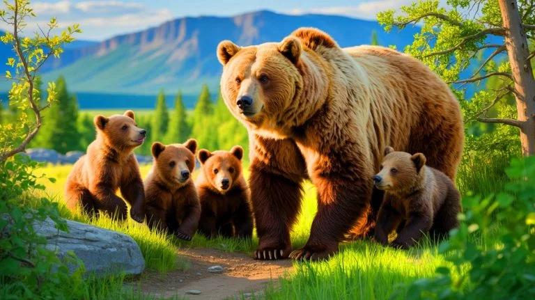 Illustration of the grizzly bear "Supermom" with her five cubs in Yellowstone National Park, generated by artificial intelligence.