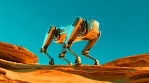 Illustration of a bio-inspired quadruped robot walking on two legs across challenging terrain.
