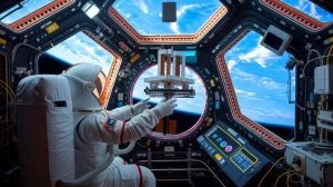 Illustration of an innovative 3D printing process aboard the International Space Station. Image generated by AI.