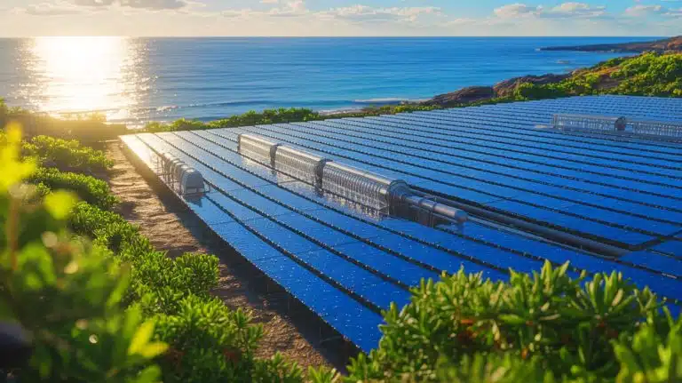 Illustration of a solar desalination system developed by MIT and Shanghai Jiao Tong University, generated by artificial intelligence.