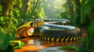Illustration of a newly discovered species of giant anaconda in the Ecuadorian Amazon, created by artificial intelligence.