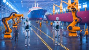 Illustration of humanoid and quadruped robots revolutionizing shipbuilding through automation, generated by artificial intelligence.