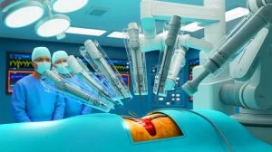 Illustration of a groundbreaking robotic neck surgery for aortic valve replacement, generated by artificial intelligence.