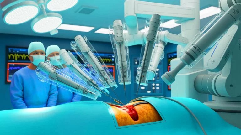 Illustration of a groundbreaking robotic neck surgery for aortic valve replacement, generated by artificial intelligence.