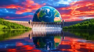 Illustration of Earth's polar shift due to dam construction, generated by artificial intelligence.