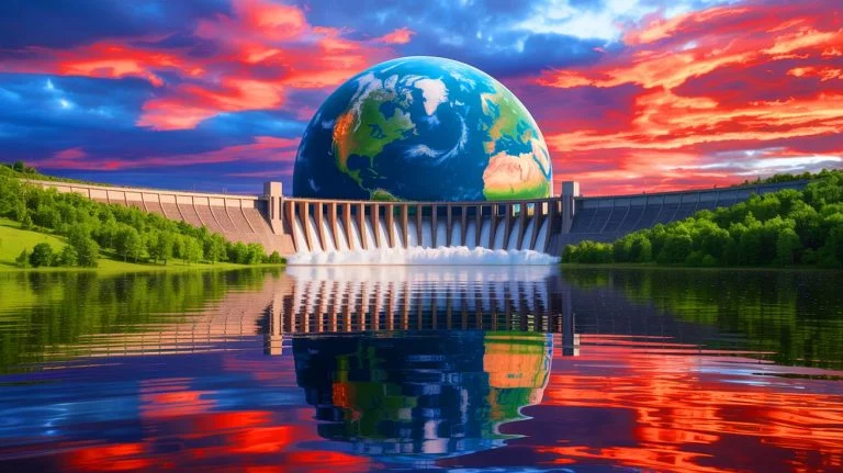 Illustration of Earth's polar shift due to dam construction, generated by artificial intelligence.