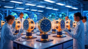 “These Clocks Just Changed Time Forever”: Global Team Unites Ten Ultra-Precise Devices Across Six Countries to Radically Redefine the Second Illustration of scientists linking optical clocks across six nations to redefine the second, generated by artificial intelligence.