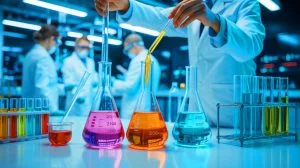 Illustration of scientists converting methanol into sucrose using enzyme-based technology, generated by artificial intelligence.