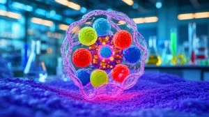 Illustration of a minimal artificial cell navigating using chemical signals, generated by artificial intelligence.