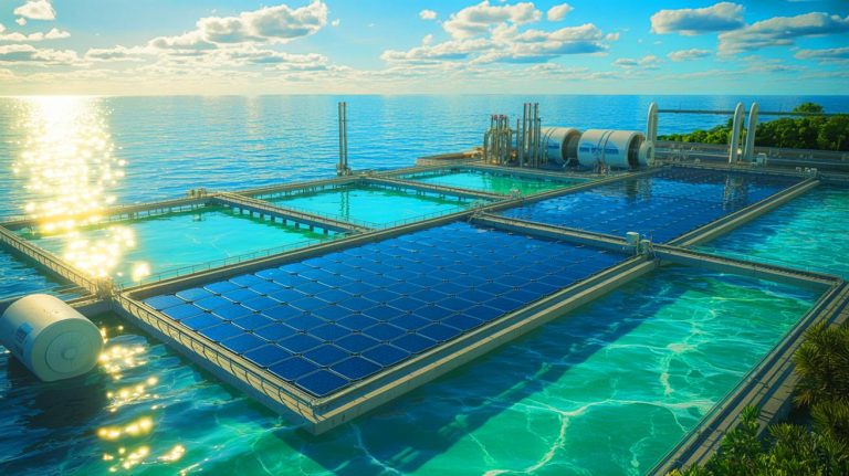 Illustration of an innovative desalination system extracting lithium from brine deposits, generated by artificial intelligence.