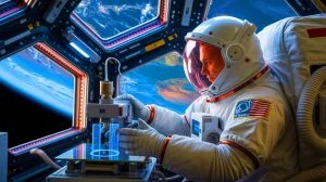 Illustration of astronauts utilizing 3D printing technology in space, developed by FAMU researchers, to manufacture essential components during missions.