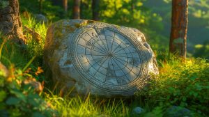 Illustration of the ancient stone in the Rhodope Mountains potentially depicting one of the oldest star maps, generated by artificial intelligence.