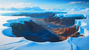 Illustration of the hidden Transantarctic Mountains beneath the Antarctic ice. Image generated by AI.