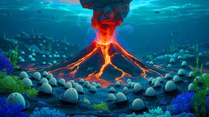 Illustration of an underwater volcano revealing thousands of giant Pacific white skate eggs, generated by artificial intelligence.