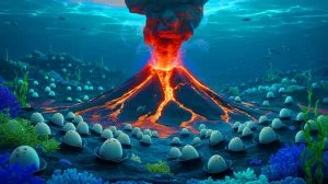 Illustration of an underwater volcano revealing thousands of giant Pacific white skate eggs, generated by artificial intelligence.