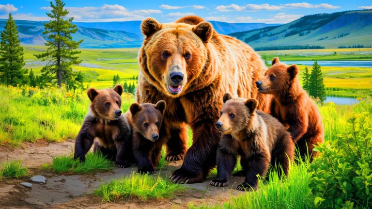 Illustration of a grizzly bear mother with five cubs in Yellowstone, created through artificial intelligence.