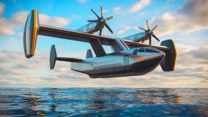 Illustration of the ambitious Liberty Lifter seaplane project canceled by DARPA, created by artificial intelligence.