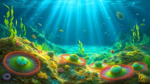 Illustration of 7,000-year-old algae revived from Baltic Sea depths, an artificial illustration.