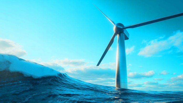 Illustration of the world's most powerful floating wind turbine developed in China, capable of powering 40,000 homes annually.