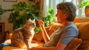 Illustration of a human engaging in slow-blink communication with a cat. Image generated by AI.