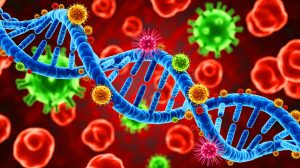 Illustration of ancient viral DNA sequences actively regulating genes in the human genome, generated by artificial intelligence.