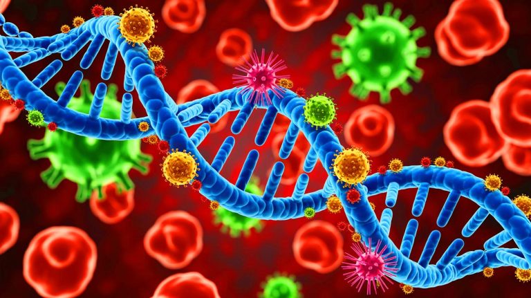 Illustration of ancient viral DNA sequences actively regulating genes in the human genome, generated by artificial intelligence.