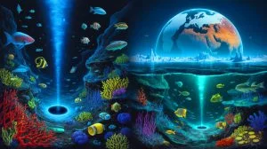 Illustration of Earth's deep-sea hydrothermal vents serving as a model for potential life on Europa's icy ocean, generated by artificial intelligence.