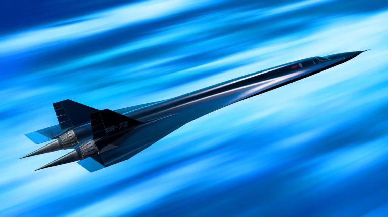 Illustration of the SR-72 hypersonic jet "Son of Blackbird" soaring through the sky. Image generated by AI.