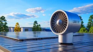 Illustration of a silent wind turbine revolutionizing residential renewable energy, generated by artificial intelligence.
