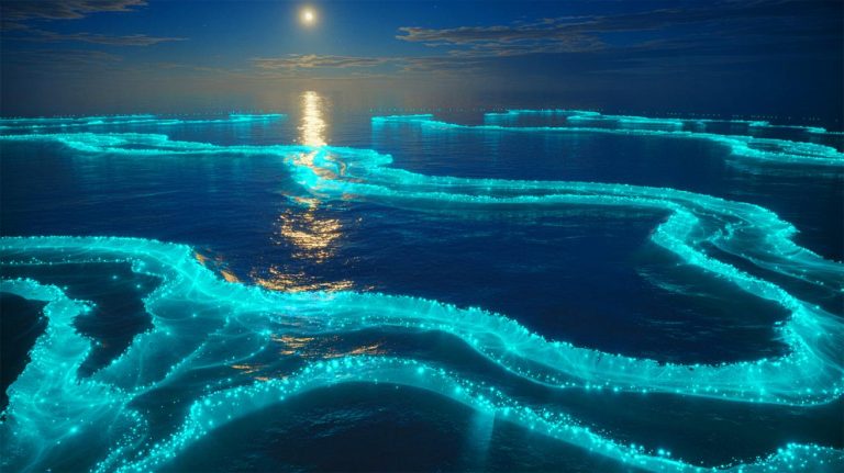 Illustration of a bioluminescent phytoplankton bloom off Australia's southern coast, visible from space, generated by artificial intelligence.