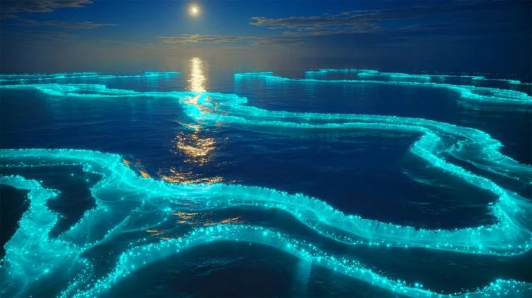 Illustration of a bioluminescent phytoplankton bloom off Australia's southern coast, visible from space, generated by artificial intelligence.