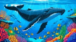 Illustration of whales transporting nutrients across oceans through their urine, supporting marine ecosystems and biodiversity. This is an artificial illustration.