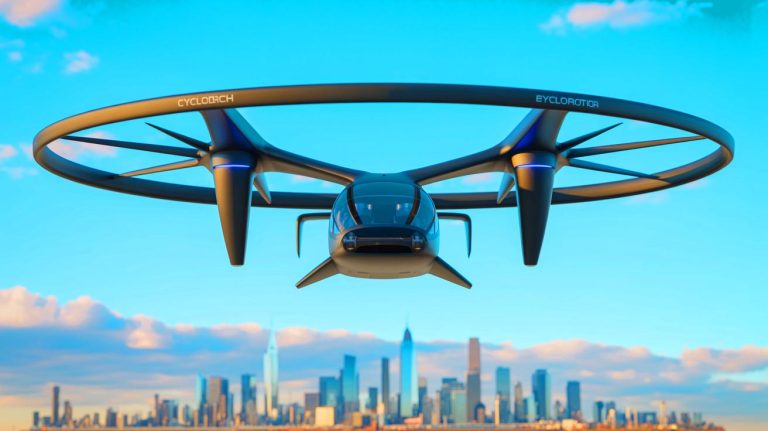 This Flying Car Just Took Off for the First Time—Jaw-Dropping Video Shows the Moment That Could Redefine Modern Transportation Illustration of CycloTech's BlackBird eVTOL aircraft demonstrating its first flight, generated by artificial intelligence.