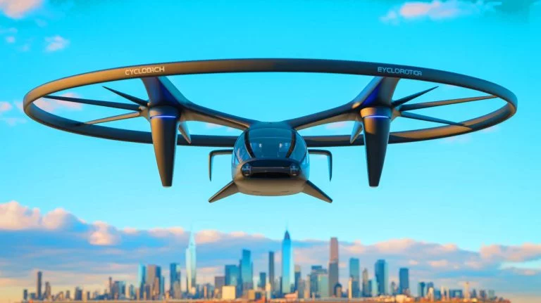 Illustration of CycloTech's BlackBird eVTOL aircraft demonstrating its first flight, generated by artificial intelligence.