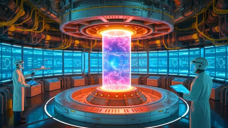 Illustration of a futuristic fusion reactor with advanced technology, generated by artificial intelligence.