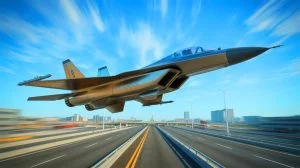 Illustration of a futuristic Chinese fighter jet, believed to be the J-36, soaring over a busy highway, generated by artificial intelligence.