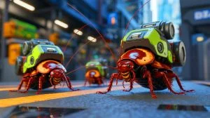 Illustration of bio-robotic swarms using live cockroaches equipped with AI-enabled backpacks, generated by artificial intelligence.